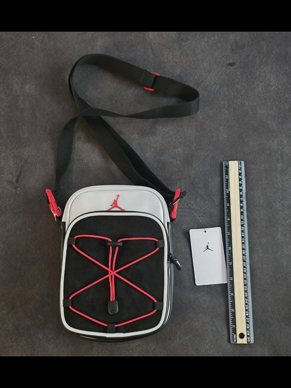 Jordan Womens Mens Kids  Black and White Crossbody Bag with Red Trim